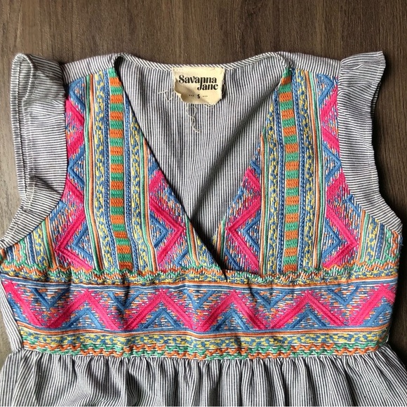 Savanna Jane Shirt Womens Size Small Striped Embroidered Top Boho Floral Aztec - Picture 2 of 8
